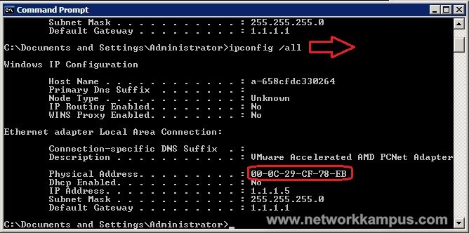 ipconfig /all komutu MAC adresi