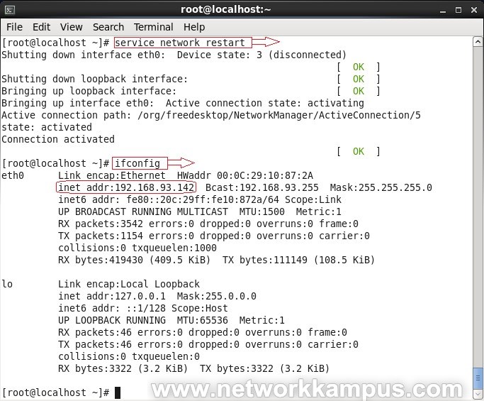 linux centos red hat rhel gecici IP degistirme ornek 2