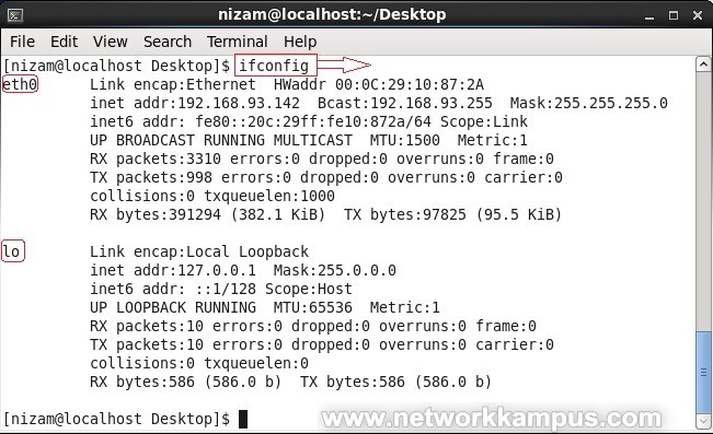 linux centos red hat rhel ifconfig komutu ile IP adresini bulmak ornek
