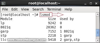 linux centos red hat rhel lsmod komutu ile yuklu modulleri listeleme